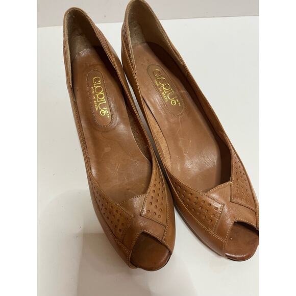 Glorius Brazilian leather peep toe pump 8 2 3/4" wooden heel Classic Luggage tan - Picture 1 of 7